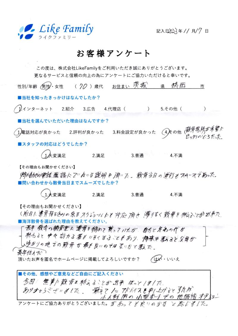 海洋散骨　アンケートご協力ありがとうございました。