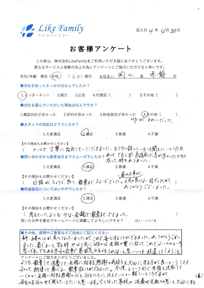 海洋散骨　アンケートご協力ありがとうございました。