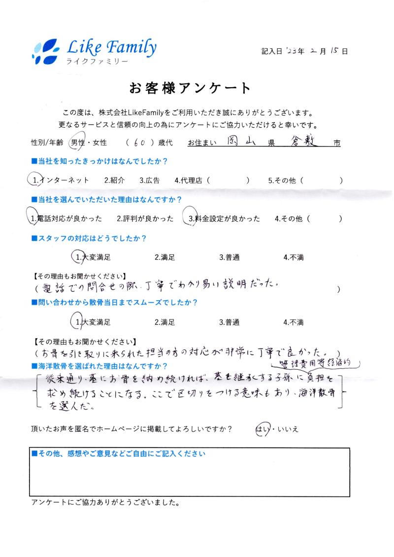 海洋散骨　アンケートご協力ありがとうございました。
